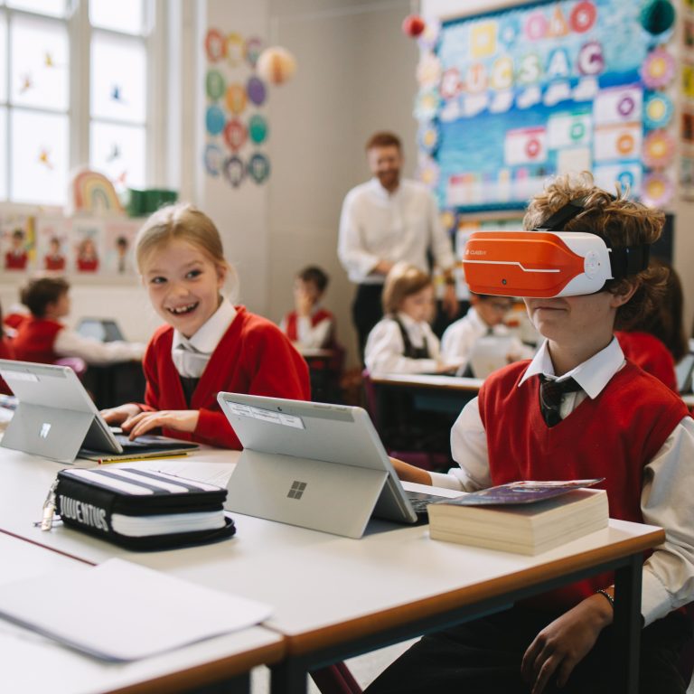 students using VR in the classroom